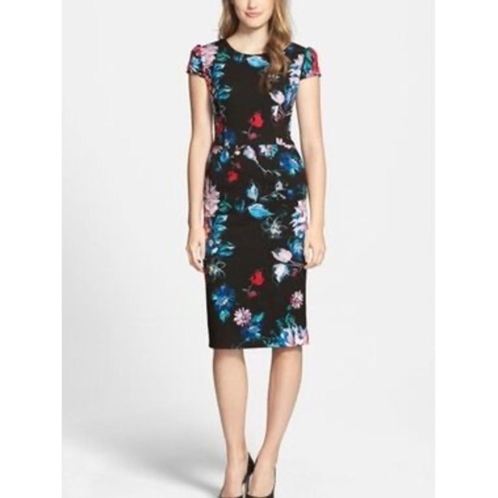 Betsey Johnson Floral Sheath Dress Womens 8 Black Blue Cap Sleeve Excellent